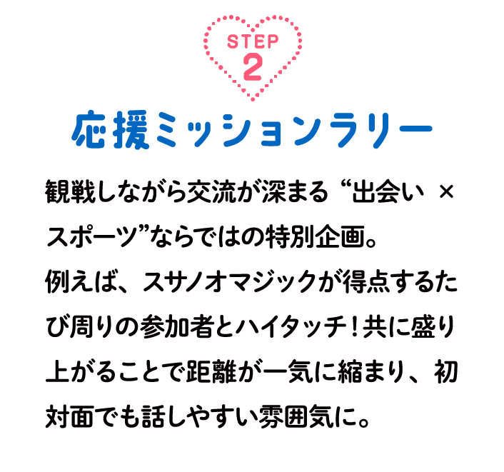 step2応援ミッションラリー 観戦しながら交流が深まる“婚活×スポーツ”ならではの特別企画。例えば、スサノオマジックが得点するたび周りの参加者とハイタッチ！共に盛り上がることで距離が一気に縮まり、初対面でも話しやすい雰囲気に。