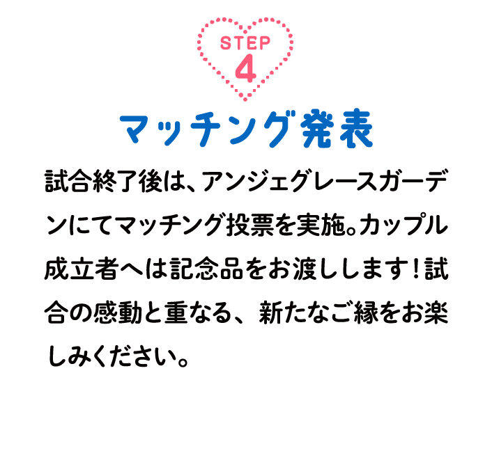 step4マッチング発表 試合終了後は、アンジェグレースガーデンにてマッチング投票を実施。会場ではマッチング数のみを発表・カップル成立者へ個別に結果をお伝えし、記念品をお渡しします！試合の感動と重なる、新たなご縁をお楽しみください。
